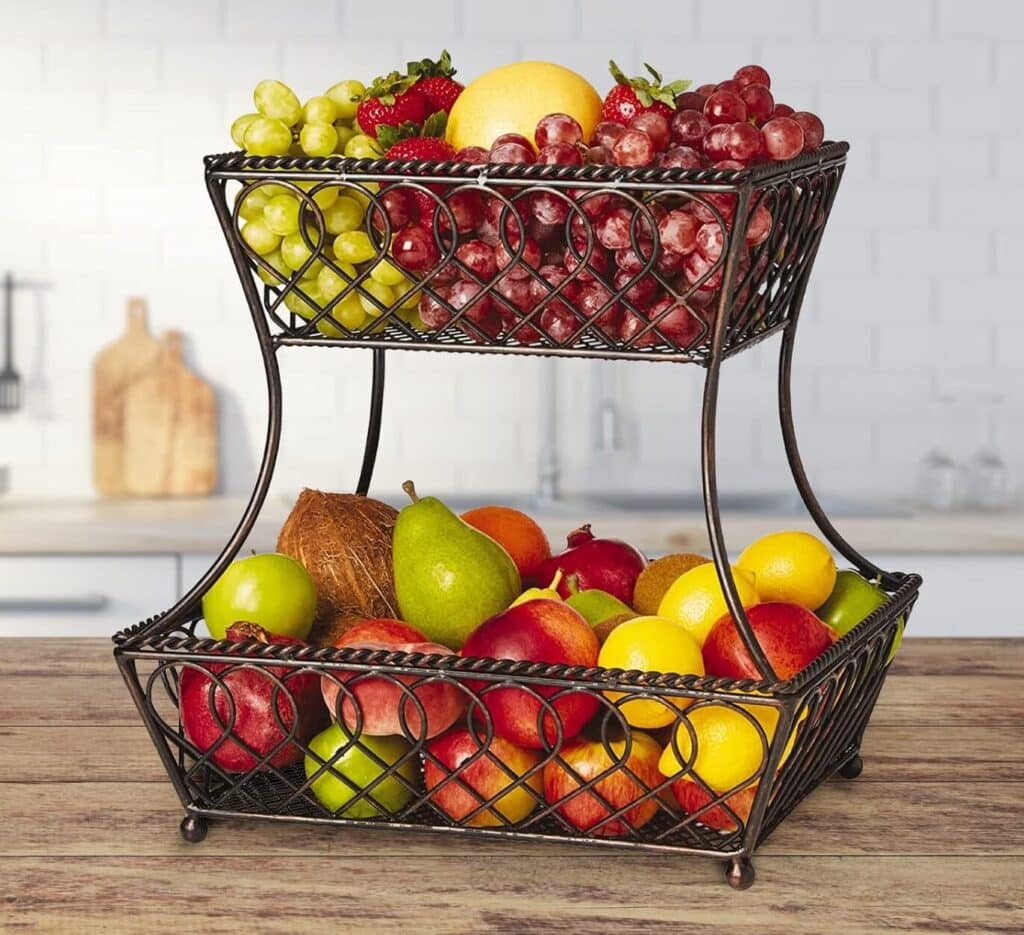 Gourmet Basics by Mikasa Loop and Lattice 2-tier Round Metal Countertop Basket_Square